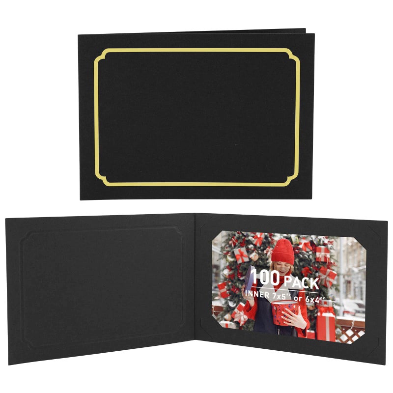 Golden State Art Golden State Art Pack of 100 4x65x7 Photo Folders Cardboard Picture Frame Paper Photo Frame Cards GreetingsInvitation Cards Special Events Graduation Christmas Wedding Black Gold Lining