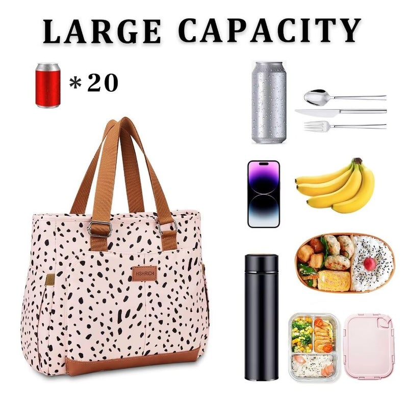 HSHRICH Large Women Lunch Bags for Work/Insulated Adult Lunch Box for Women/Leakproof Cooler Lunch Tote Bag with Storage Pocket. Reusable Lunch Cooler Purse for Work Picnic Hiking 14L, Pink Leopard - Image 3