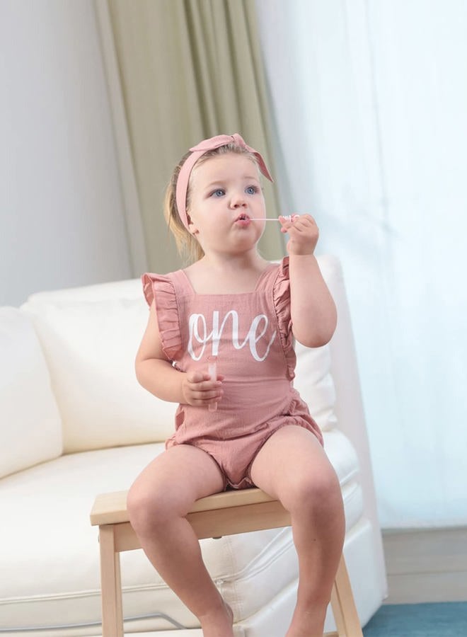 Shalofer 1st Birthday Outfit Girl Baby First Birthday Clothes Cute Backless Ruffles Bodysuit with Headband (Pink,18-24 Months) - Image 2