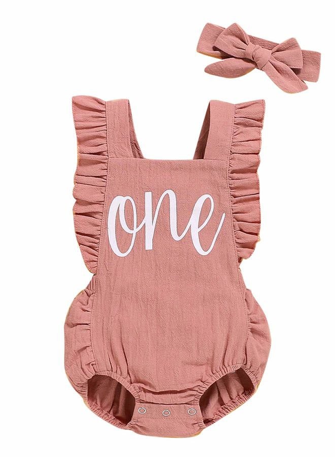 Shalofer 1st Birthday Outfit Girl Baby First Birthday Clothes Cute Backless Ruffles Bodysuit with Headband (Pink,18-24 Months) - Image 1