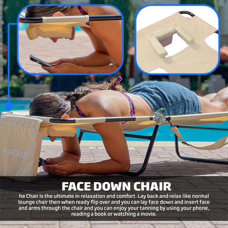 EasyGoProducts Face Down Tanning Chaise Lounge Chair - Face & Arm Holes - 2 Legs Support - Polyester Material â€“ Backrest Positions - Head Rest Pillow - Beach or Home Use - Read and Tan - Tan Stripes Pattern - Image 3
