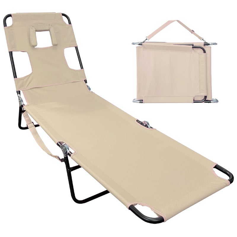 EasyGoProducts Face Down Tanning Chaise Lounge Chair - Face & Arm Holes - 2 Legs Support - Polyester Material â€“ Backrest Positions - Head Rest Pillow - Beach or Home Use - Read and Tan - Tan Stripes Pattern - Image 1