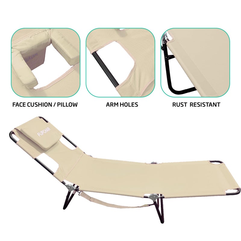 EasyGoProducts Face Down Tanning Chaise Lounge Chair - Face & Arm Holes - 2 Legs Support - Polyester Material â€“ Backrest Positions - Head Rest Pillow - Beach or Home Use - Read and Tan - Tan Stripes Pattern - Image 5