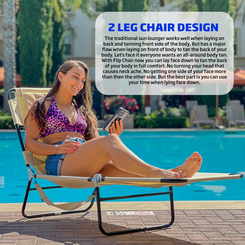 EasyGoProducts Face Down Tanning Chaise Lounge Chair - Face & Arm Holes - 2 Legs Support - Polyester Material â€“ Backrest Positions - Head Rest Pillow - Beach or Home Use - Read and Tan - Tan Stripes Pattern - Image 2