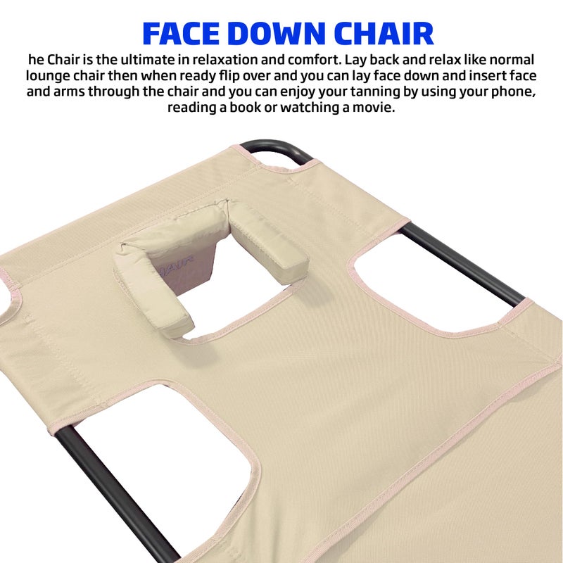 EasyGoProducts Face Down Tanning Chaise Lounge Chair - Face & Arm Holes - 2 Legs Support - Polyester Material â€“ Backrest Positions - Head Rest Pillow - Beach or Home Use - Read and Tan - Tan Stripes Pattern - Image 4