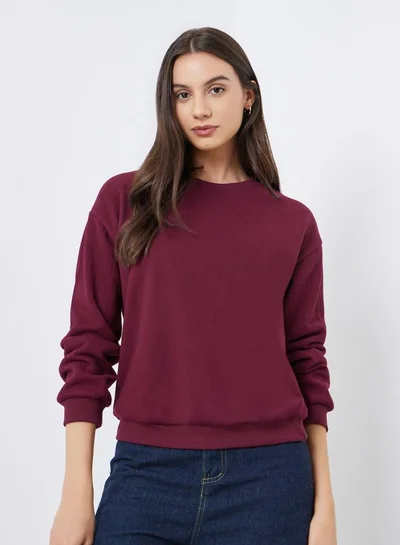 Take Two Burgundy Solid Round Neck Sweatshirt