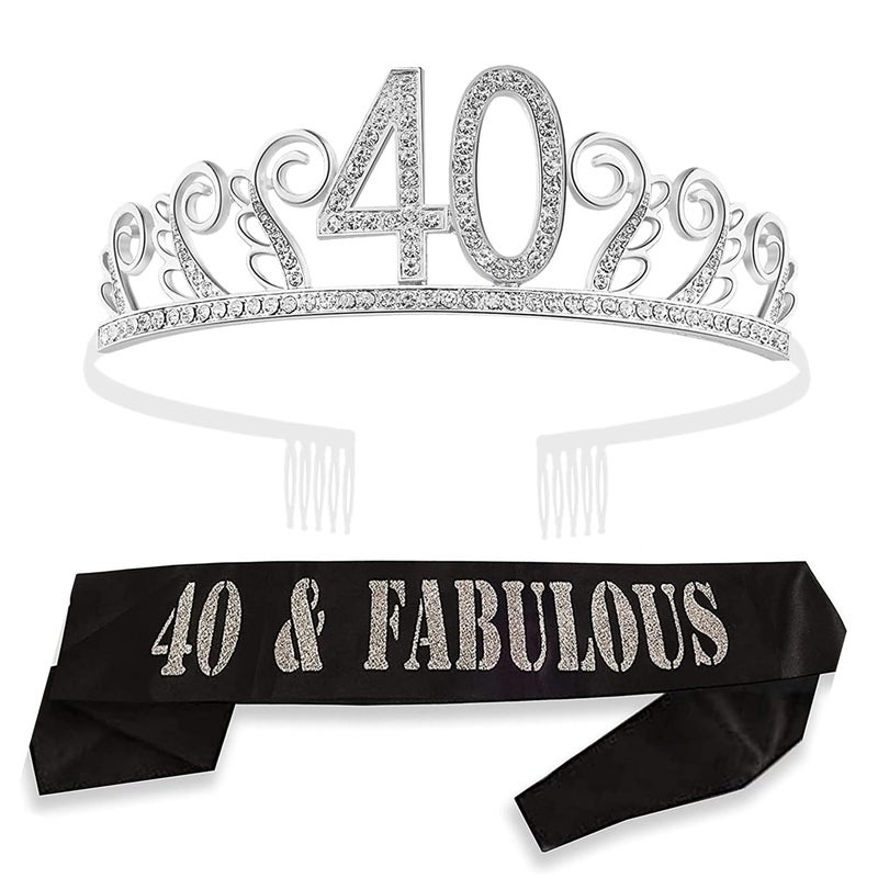 MEANT2TOBE 40th Birthday Sash and Tiara for Women - Fabulous Glitter Sash + Waves Rhinestone Silver Premium Metal Tiara for Her, 40th Birthday Gifts for 40 Party - Image 1