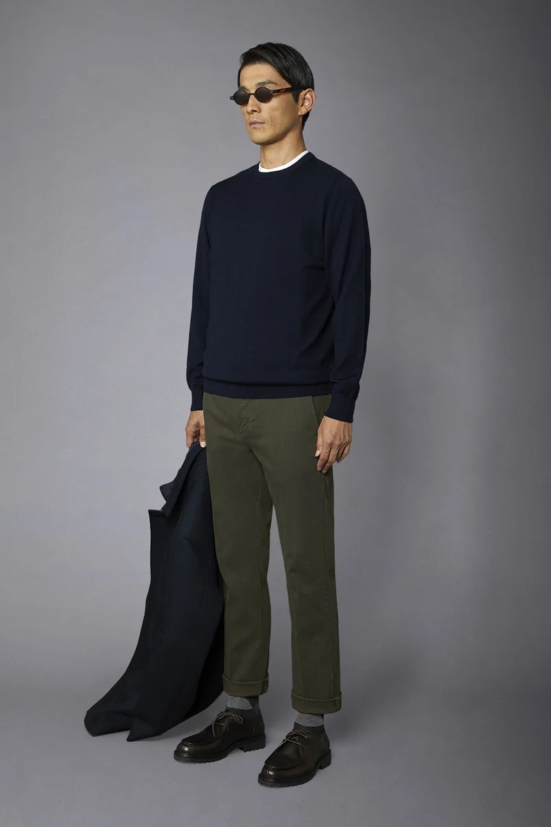Doppelganger Blue Men's roundneck wool and cotton sweater - DK Blue for Men | Best Price UAE