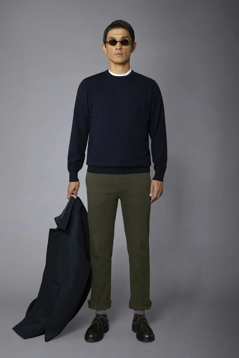 Men's roundneck wool and cotton sweater - DK Blue