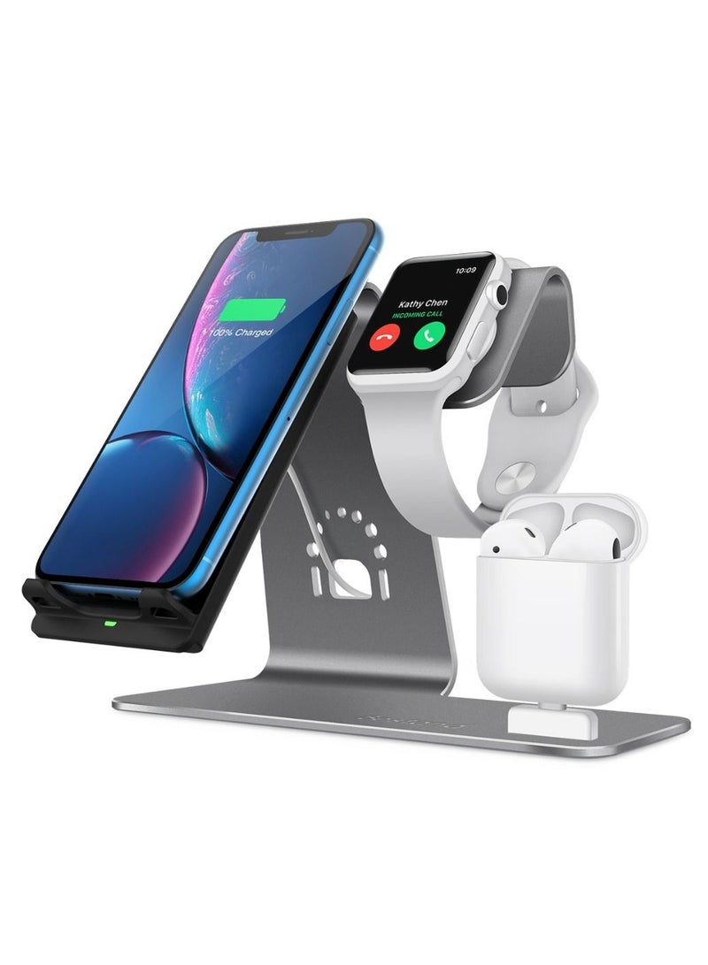 3 in 1 Wireless Charger Stand for iPhone Qi Fast Charge Dock Station Vertical for iWatch AirPods (Grey)  - Image 1