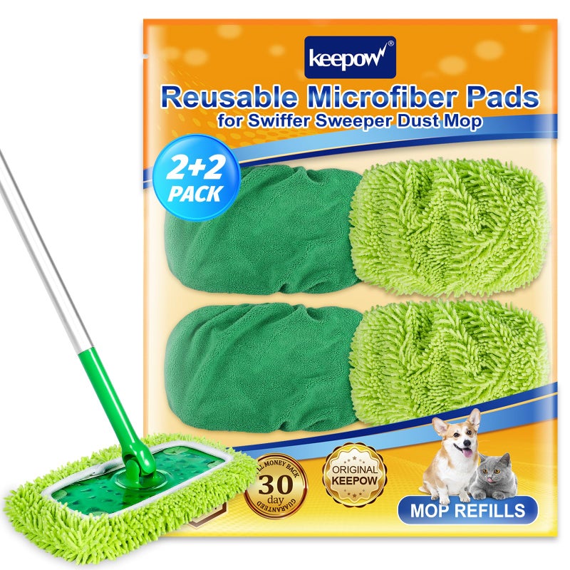 KEEPOW Reusable Microfiber Mop Pads Compatible with Swiffer Sweeper, 4 Pack Dry Sweeping Cloths & Wet Mopping Cloths, Washable Wet Pads Refill for Mopping Floors - Image 1