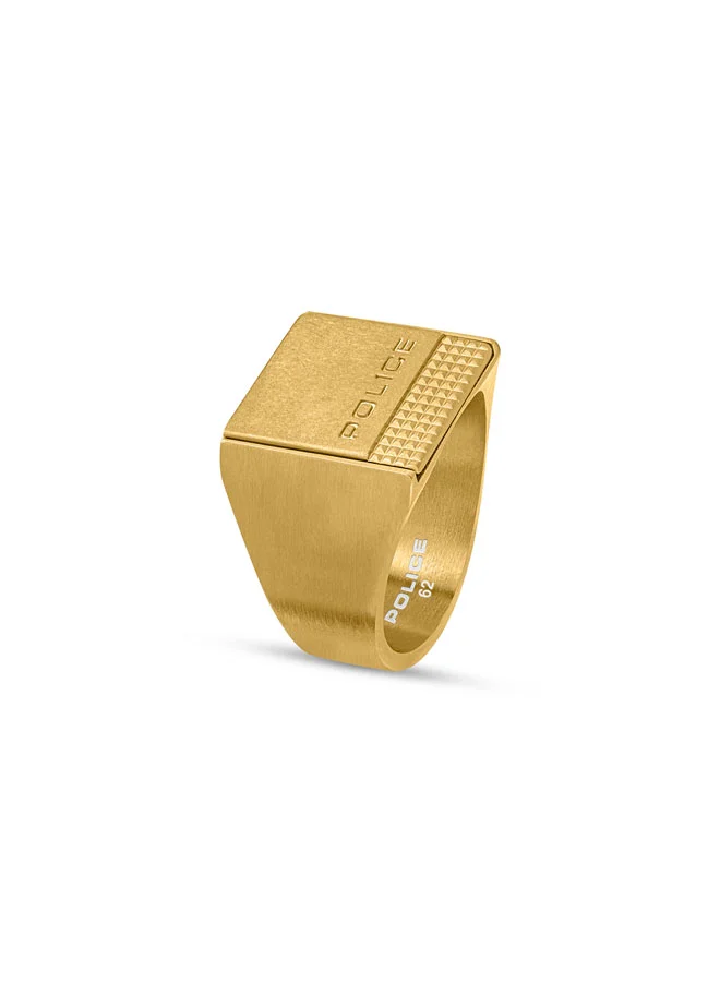 POLICE Identity Ring  Brushed Antique IP Gold Stainless Steel Signet with Etched Logo and Textured Studded Detail