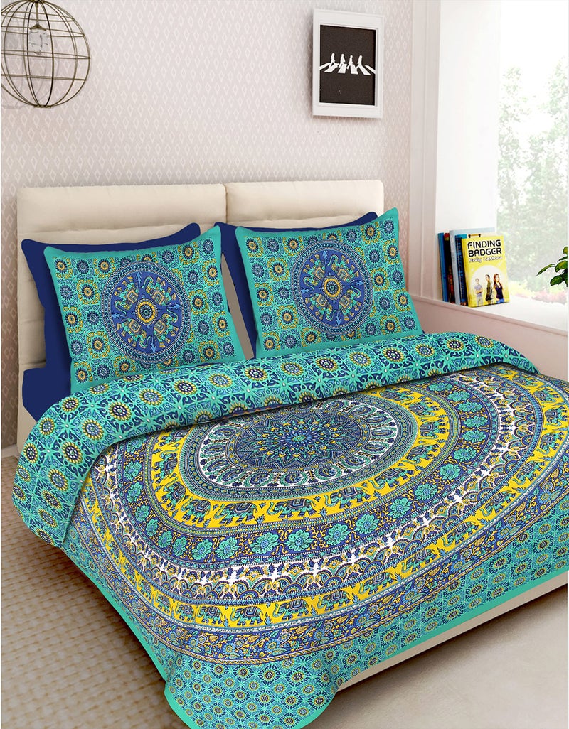 Queenie Brand Jaipuri Traditional Fantasy Printed 144 TC 100% Cotton Double Bedsheet With 2 Pillow Covers,Multicolour - Image 5