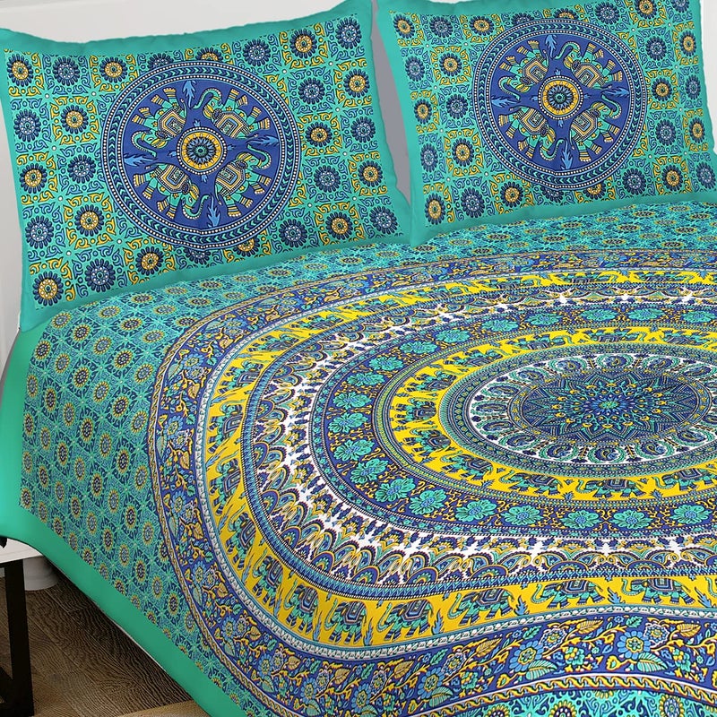 Queenie Brand Jaipuri Traditional Fantasy Printed 144 TC 100% Cotton Double Bedsheet With 2 Pillow Covers,Multicolour - Image 3