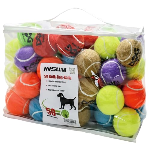INSUM Tennis Balls for Dogs Bulk 50 Pack 25 Durable NonToxic Outdoor Dog Toys Balls with Mesh Bag SGS Certified Colorful Fetch Toys Medium Large Breeds Non Squeaky - Image 1