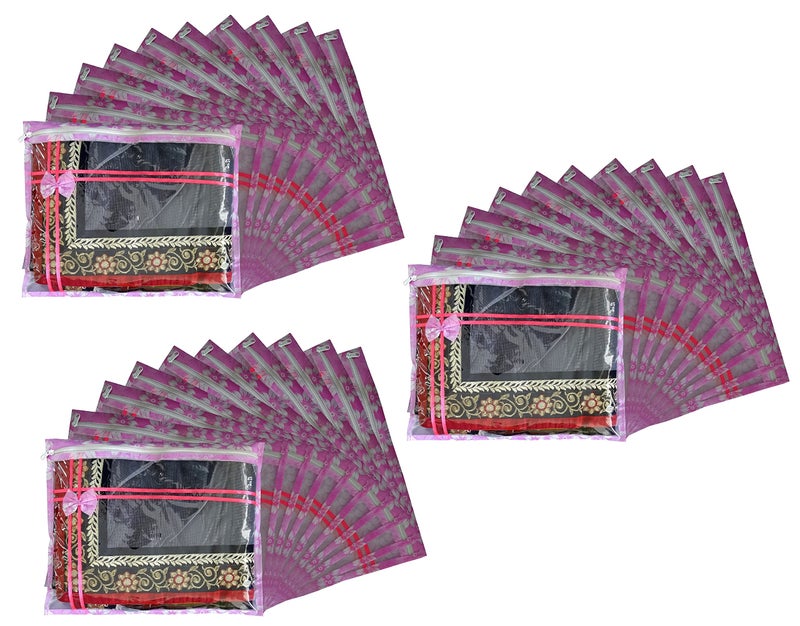 DIKHAWA Set of 30 Pcs Flower Design Non Woven Single Saree Cover Packing Bag with Zip Combo (Pink) - Image 5