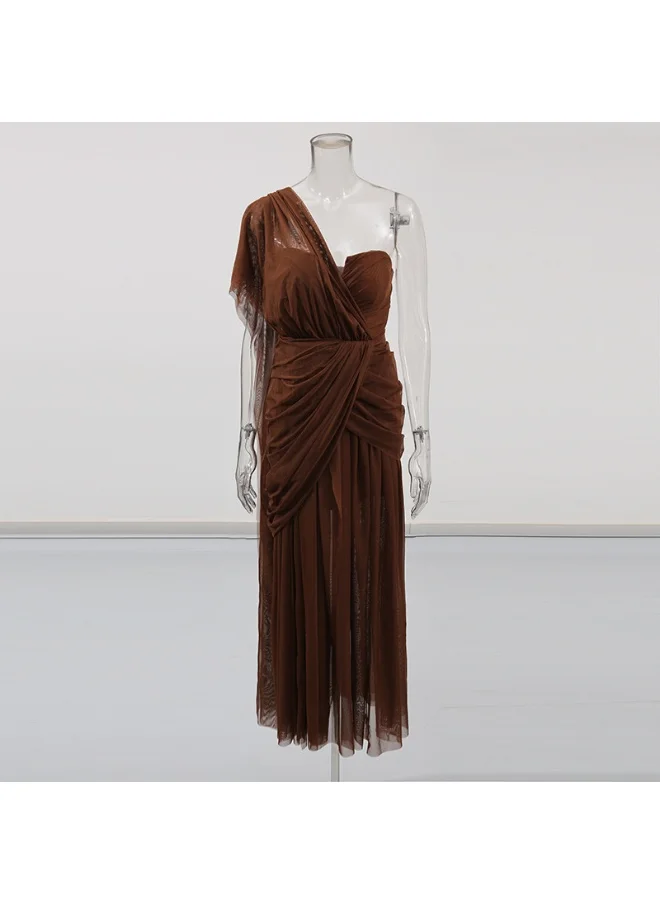 Madam Uniq Elegant Black and Chic Color Block Single-Shoulder Strapless Dress - Solid Color Polyester Chiffon Maxi Dress