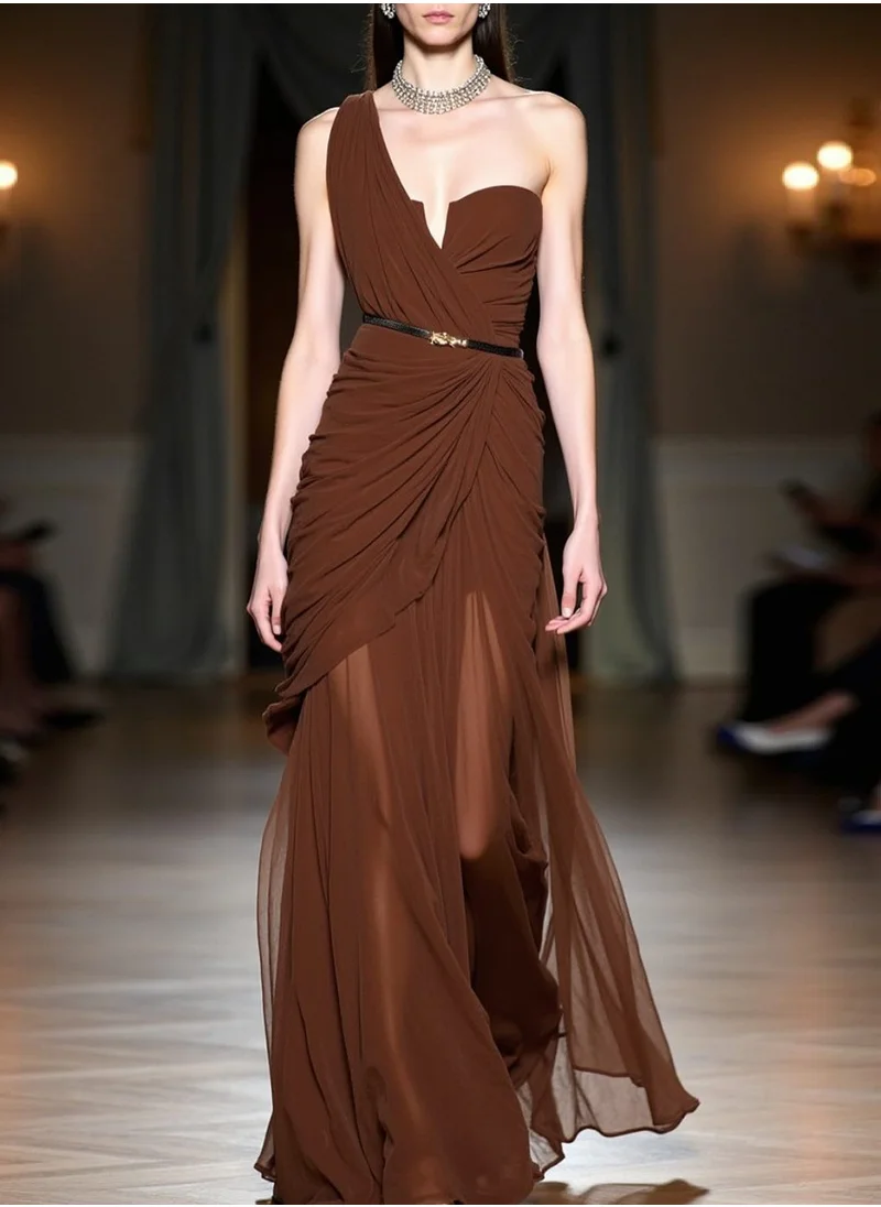 Madam Uniq Elegant Black and Chic Color Block Single-Shoulder Strapless Dress - Solid Color Polyester Chiffon Maxi Dress