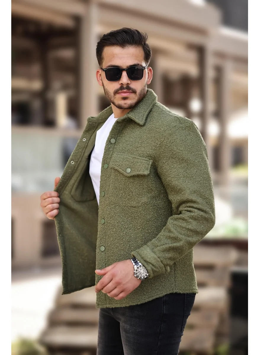 Miron Khaki Curly Textured Fabric Shirt Collar Pocket Regular Fit Jacket - 2309