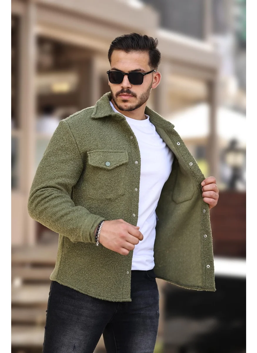 Miron Khaki Curly Textured Fabric Shirt Collar Pocket Regular Fit Jacket - 2309