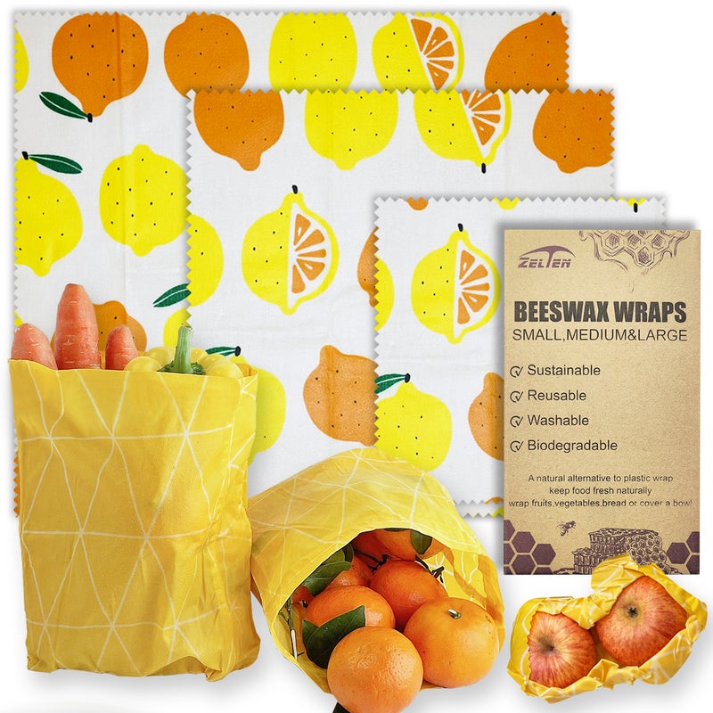 Zelten Beeswax Reusable Food Wraps - (3 Packs, 3 Sizes S,M,L) Plastic and Silicone Free, Eco-friendly Wrap, Wax Paper for Food,Orange Lemon - Image 1