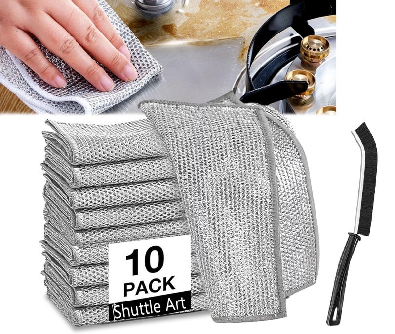 Shuttle Art Pack of 10 Non-Scratch Wire Dishcloth & Gaps Cleaning Brush, Reusable, Multifunctional Non-Scratch Wire Dishcloth, Double-Layer Reusable Strong Cleaning Cloth - Image 1