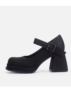 Loquat Women's T-Strap Round Toe Platform Heels Chunky Heel Mary Jane Dress Shoes Satin Black 