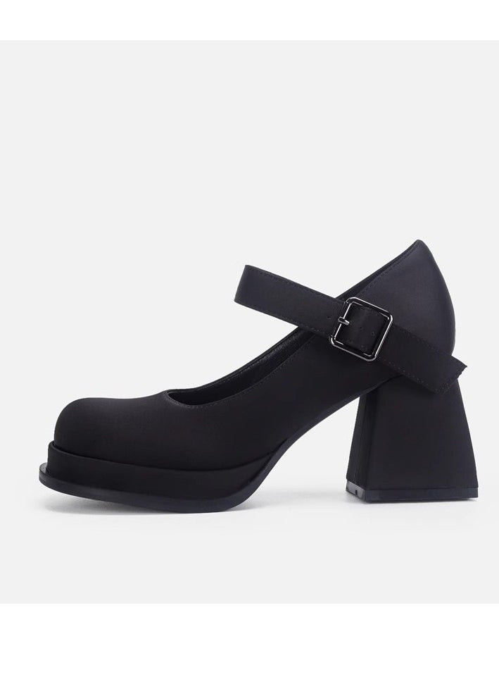 Loquat Women's T-Strap Round Toe Platform Heels Chunky Heel Mary Jane Dress Shoes Satin Black 