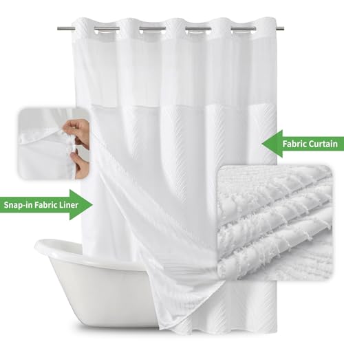 eachope No Hook Shower Curtain and Liner Set,No Hook Tufted Striped Textured Shower Curtain with Snap in Liner Replacement and Waterproof Fabric,Boho Style with See Through Top Window,White,71Wx74H - Image 2