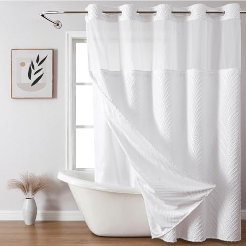 eachope No Hook Shower Curtain and Liner Set,No Hook Tufted Striped Textured Shower Curtain with Snap in Liner Replacement and Waterproof Fabric,Boho Style with See Through Top Window,White,71Wx74H - Image 1