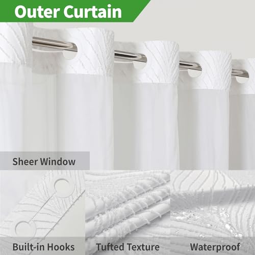 eachope No Hook Shower Curtain and Liner Set,No Hook Tufted Striped Textured Shower Curtain with Snap in Liner Replacement and Waterproof Fabric,Boho Style with See Through Top Window,White,71Wx74H - Image 3