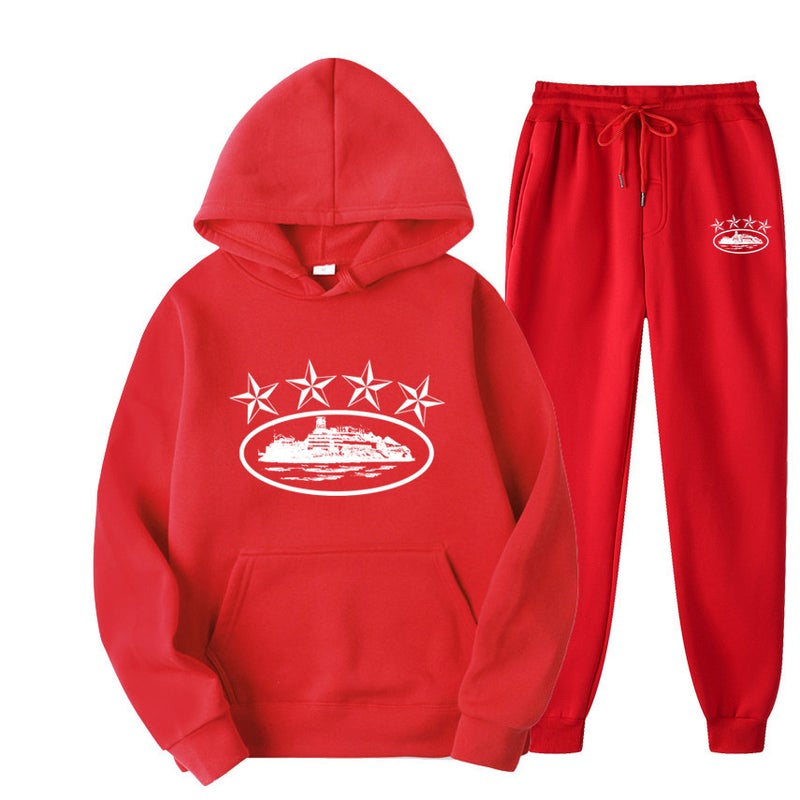 Cross-border Foreign Trade Corteiz Trendy Street Loose suit Womens Hip-hop Skateboard Five-pointed Star Magic Island Fashion Sweatshirt red white word 