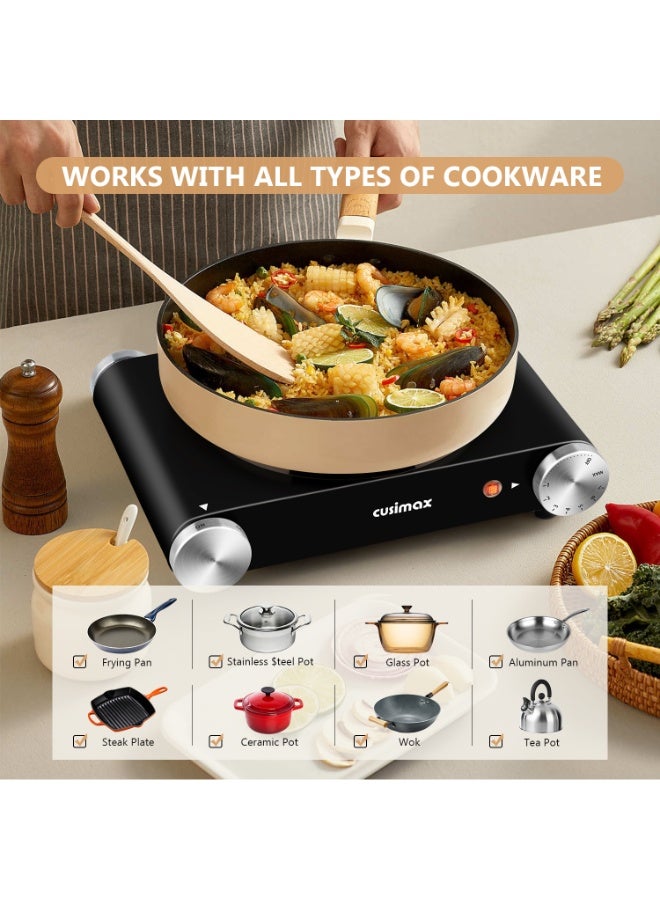 CUSIMAX Electric Single Hot Plate, 1500W, Cast Iron Heating Plate, Compatible for All Cookwares, Adjustable Thermostat - Image 3