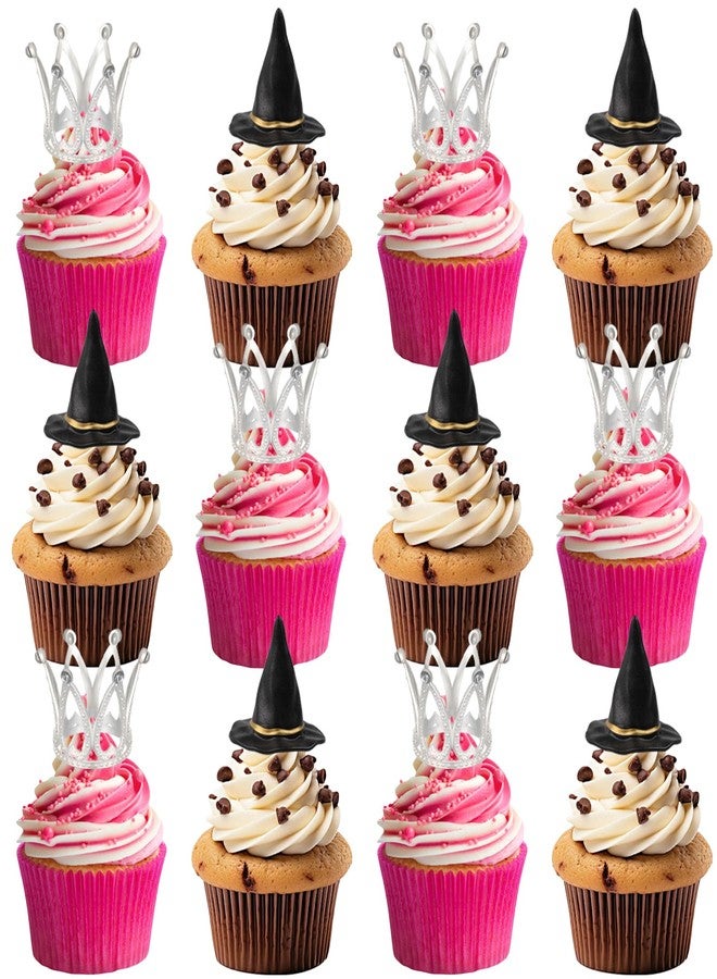 loghohu 12 Pcs Witch Hat and Crown Cupcake Toppers Witch Theme Party Wicked Birthday Decorations Mini Wizard Hats Silver Crown Cake Topper Decor Princess Cake Accessories for Birthday Party Supplies Crafts - Image 1