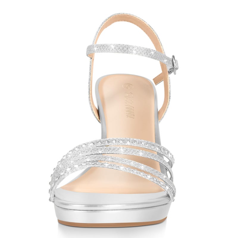 PIZZ ANNU Lena Women's Platform Heels High Block Chunky Sparkly Rhinestone Glitter Open Toe Ankle Strap Fashion Dress Pump Sandals Shoes, Silver 7.5 - Image 4