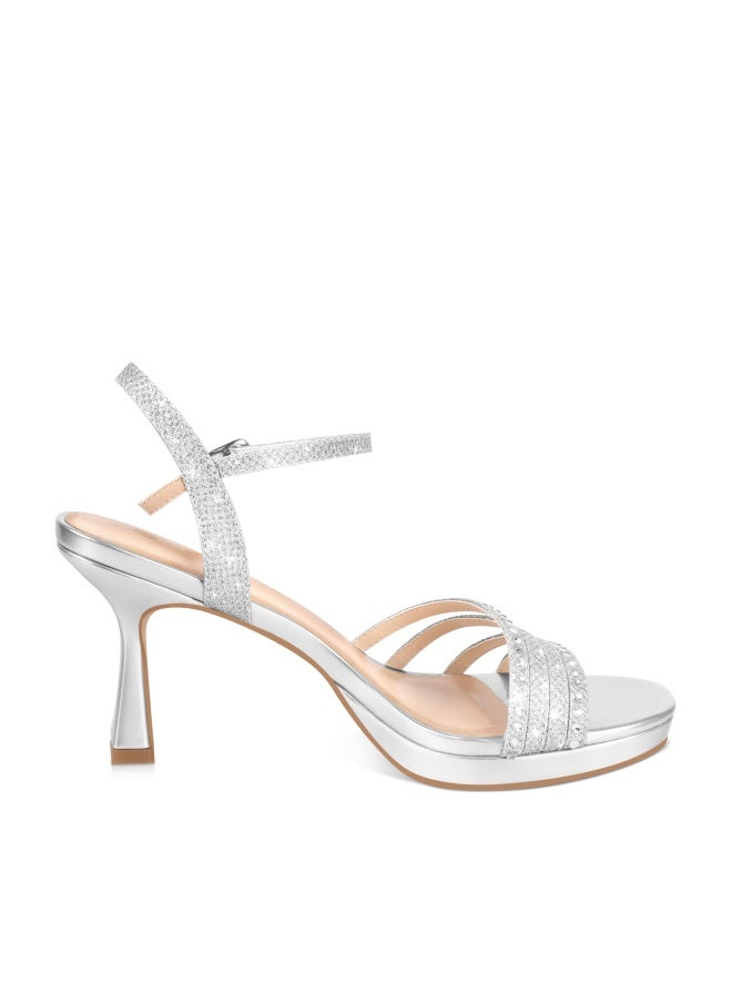 PIZZ ANNU Lena Women's Platform Heels High Block Chunky Sparkly Rhinestone Glitter Open Toe Ankle Strap Fashion Dress Pump Sandals Shoes, Silver 7.5 - Image 1