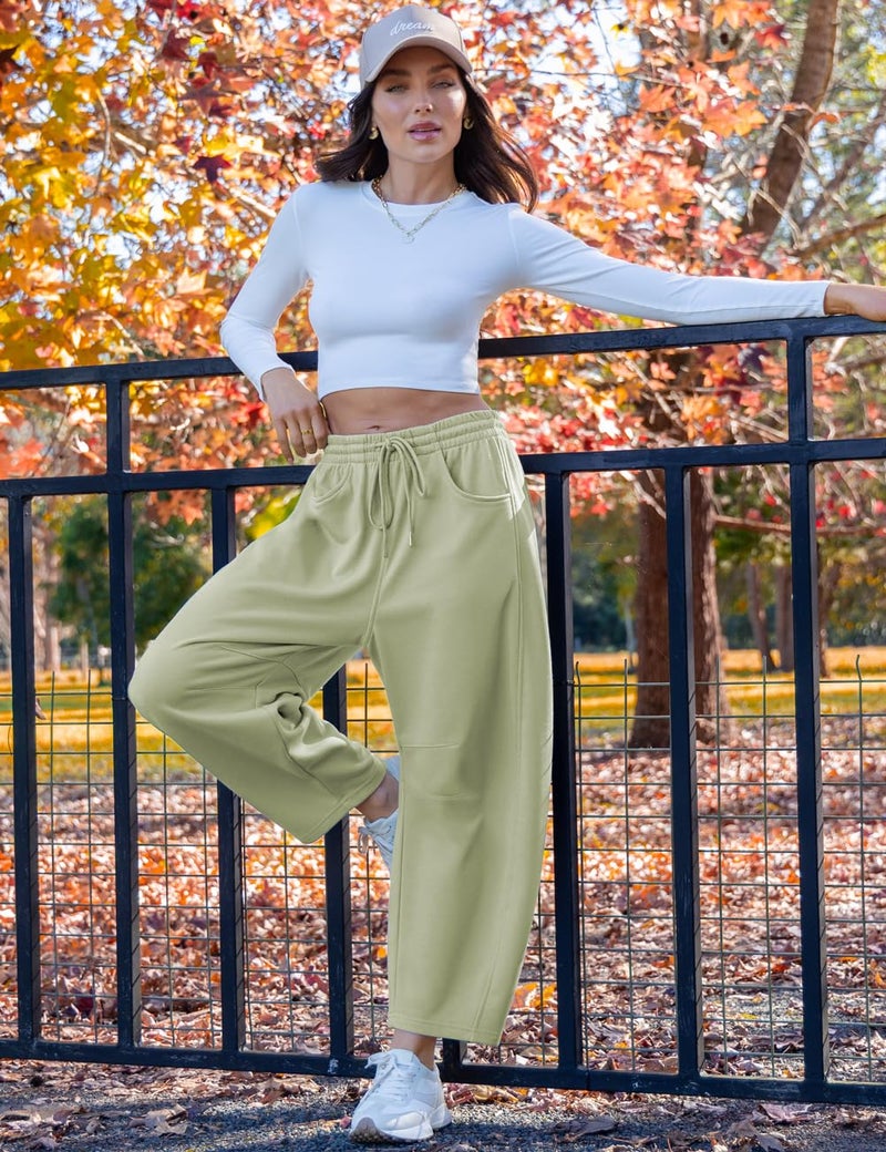 TARSE Women's Barrel Leg Sweatpant Drawstring Elastic Waisted Wide Leg Pants Casual Cotton Palazzo Trousers with Pockets, LightKhakiGreen M - Image 2