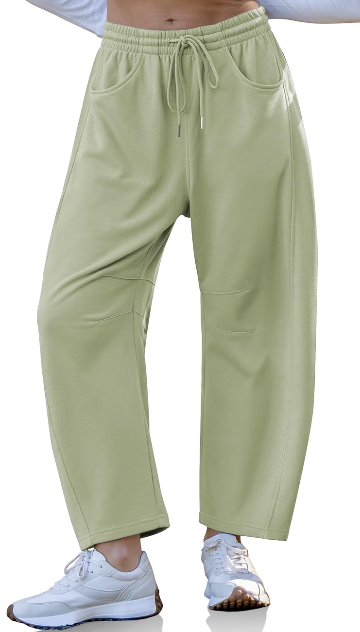 TARSE Women's Barrel Leg Sweatpant Drawstring Elastic Waisted Wide Leg Pants Casual Cotton Palazzo Trousers with Pockets, LightKhakiGreen M - Image 1