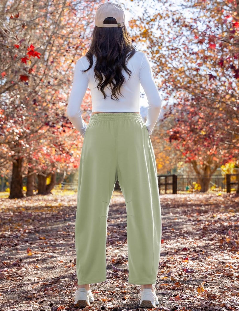 TARSE Women's Barrel Leg Sweatpant Drawstring Elastic Waisted Wide Leg Pants Casual Cotton Palazzo Trousers with Pockets, LightKhakiGreen M - Image 5