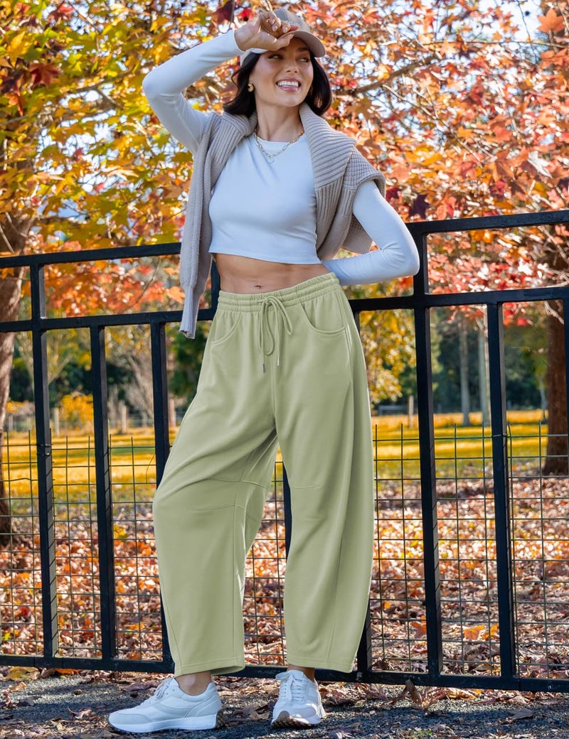 TARSE Women's Barrel Leg Sweatpant Drawstring Elastic Waisted Wide Leg Pants Casual Cotton Palazzo Trousers with Pockets, LightKhakiGreen M - Image 3