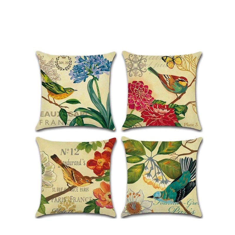 SOLARAE Set of 4 Linen Throw Pillow Cover 18x18 Inch Spring Vintage Bird and Flower Pattern Decorative Throw Pillow Case Cushion Covers, Multicolor - Image 1