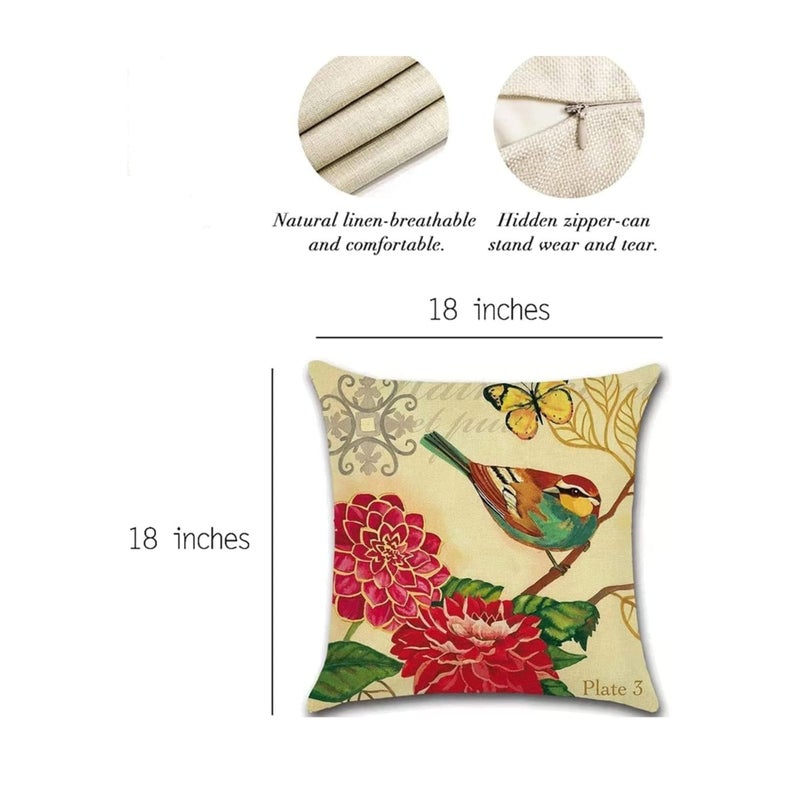 SOLARAE Set of 4 Linen Throw Pillow Cover 18x18 Inch Spring Vintage Bird and Flower Pattern Decorative Throw Pillow Case Cushion Covers, Multicolor - Image 3