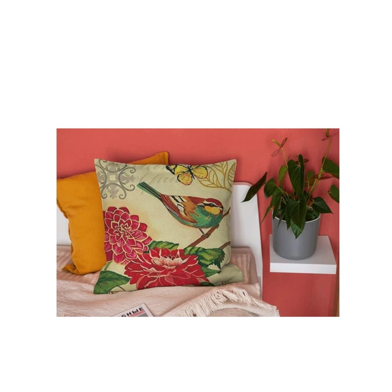 SOLARAE Set of 4 Linen Throw Pillow Cover 18x18 Inch Spring Vintage Bird and Flower Pattern Decorative Throw Pillow Case Cushion Covers, Multicolor - Image 4