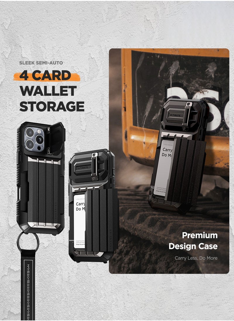 VRS Design VRS Design Damda Glide Ultimate iPhone 16 Pro MAX Case Cover Wallet with Semi Automatic Credit Card Holder Slot [4 Cards] & Camera Lens Protector Kickstand [STRAP included] - Black  - Image 5