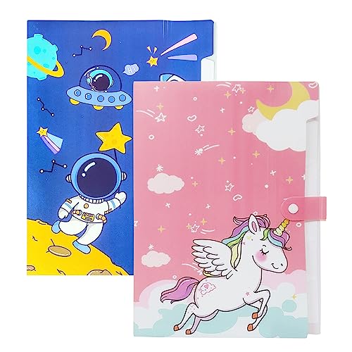 PARTEET Plastic Space & Unicorntheme File Folder With Button Lock|Pack Of 2 Pcs Certificates Holder With 5 Pockets,Office Documents File,Expandable Folders,Travel File Organizer Bag,Multicolor - Image 1