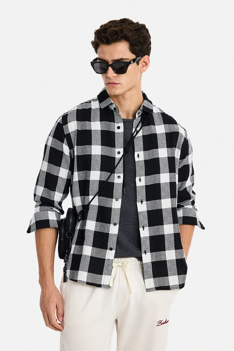 SNITCH Black Checkered Long Sleeve Regular Fit Casual Shirt