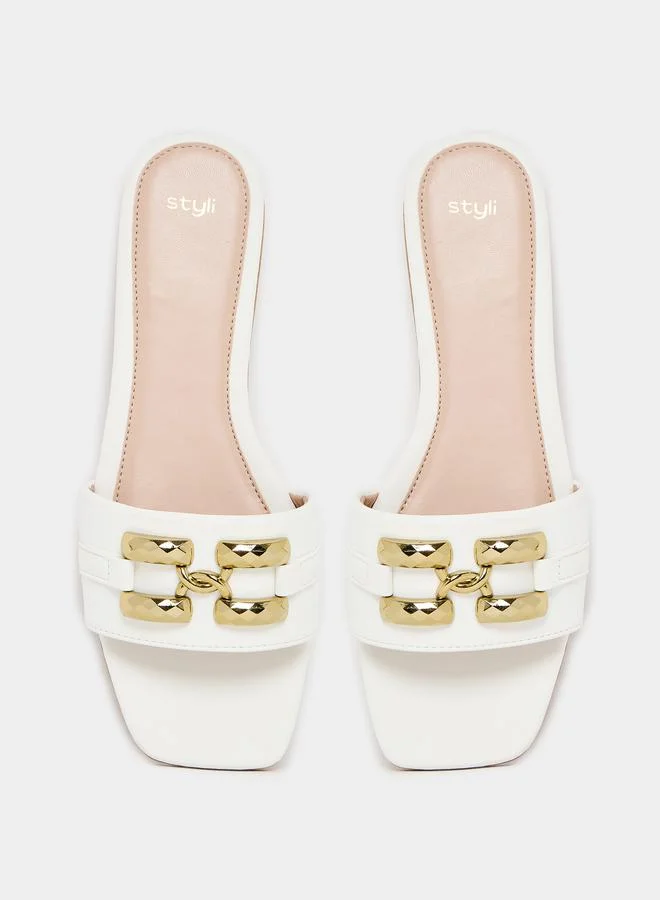 Styli Buckle Embellished Open Toe Flat Sandals