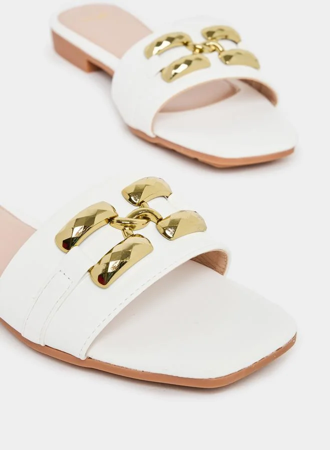 Styli Buckle Embellished Open Toe Flat Sandals