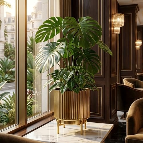 BEHOMA Fluted Metal Indoor Planters with Stands for Table Top and Floor | Living Room Drawing Room Balcony Office Plant Pots | Size Height- 8.5" x Dia. 7" inch, Golden (Plants not Included) - Image 2