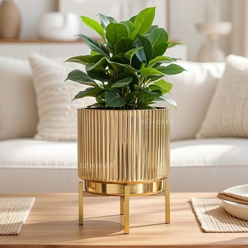BEHOMA Fluted Metal Indoor Planters with Stands for Table Top and Floor | Living Room Drawing Room Balcony Office Plant Pots | Size Height- 8.5" x Dia. 7" inch, Golden (Plants not Included) - Image 1